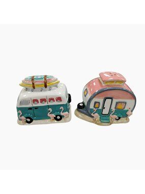 Ceramic Camper & Van Flamingo Salt And Pepper Shaker Set By Blue Sky 2018